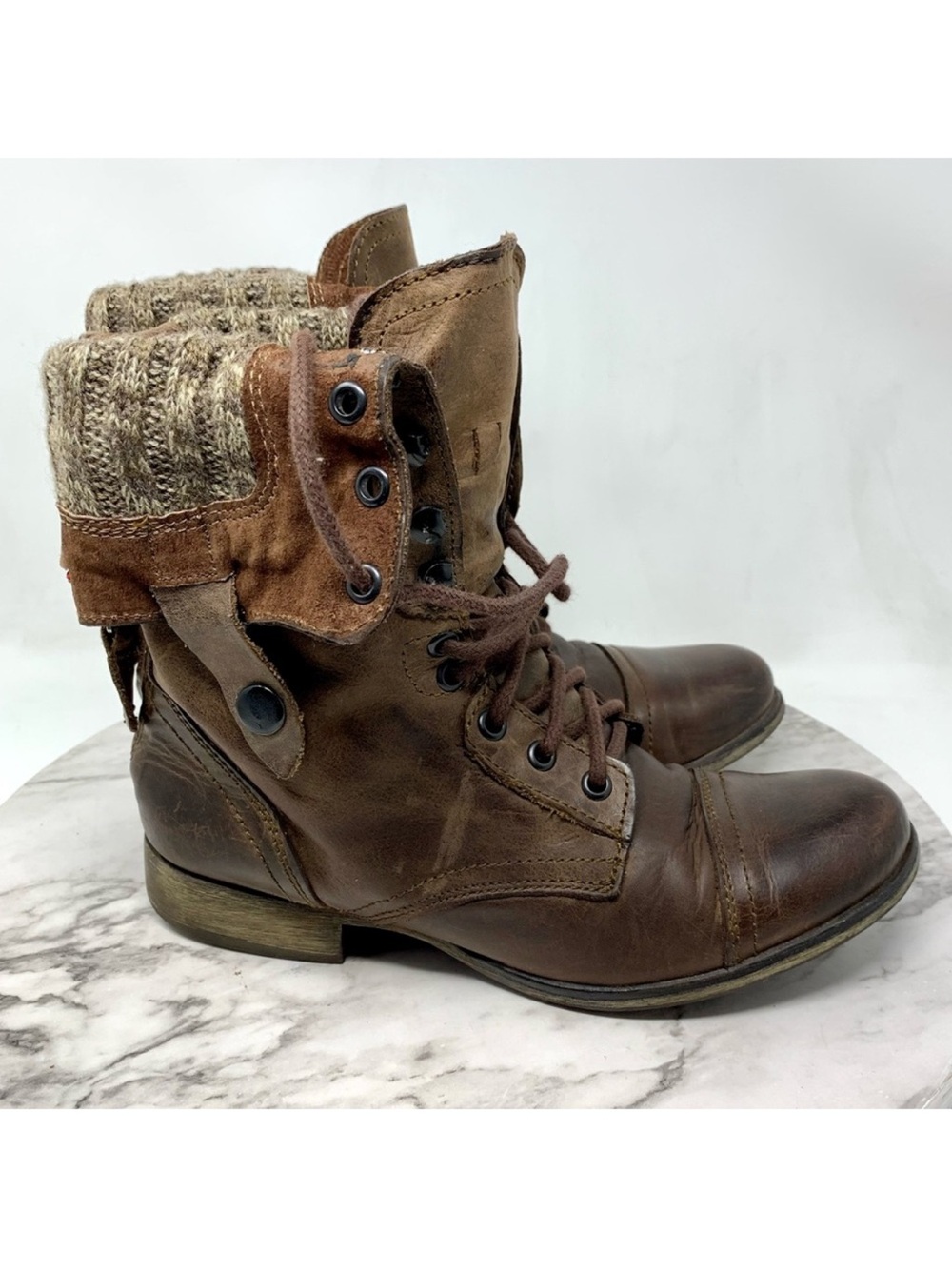 Steve Madden Carlee Convertible Knit Lining Brown Leather Combat Boots 8 Moto